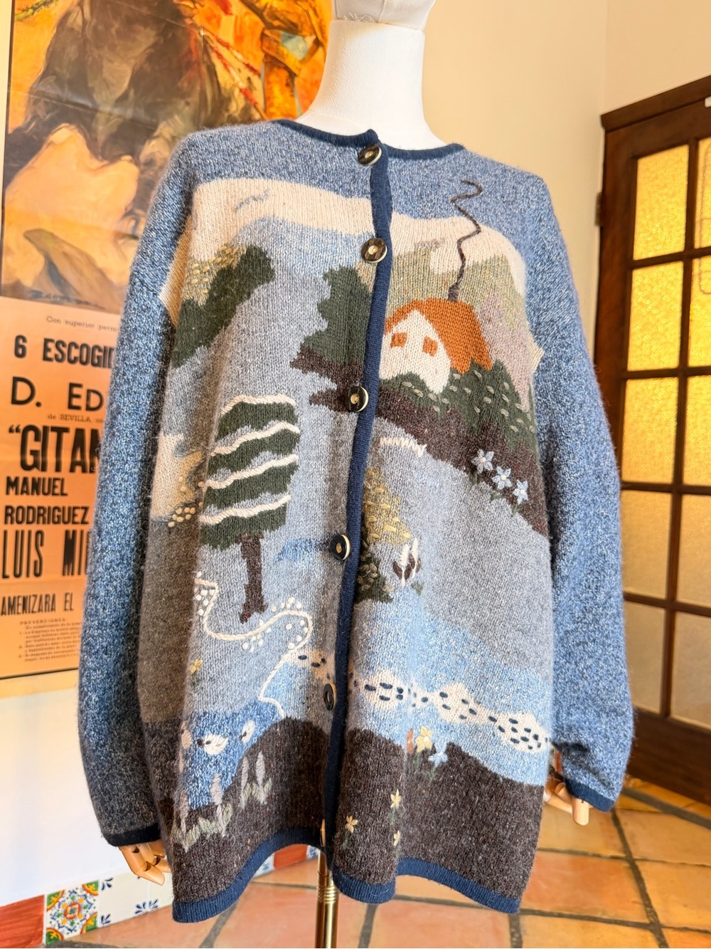 Vintage 90s Caribbean Pacific House Landscape Trees, Ducks Design Cardigan Sz XL